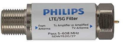 Philips Filtro LTE para Antena de TV, filtra señal 4G 5G LTE para Reducir interferencias y pixilación para recepción de TV Digital HD Clara, Rango de frecuencia 5-608 MHz, instalación en Interiores y