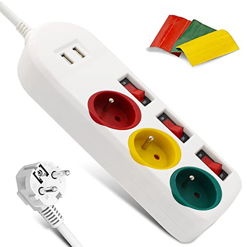 FISHTEC - Multiprise Trio Color avec Interrupteurs Individuels - 3 Prises Rouge, Jaune et Verte + 2 Ports USB 2A - Stickers d'Identification Inclus - Long Câble avec Tête Ronde - 23 x 8 cm - Blanc