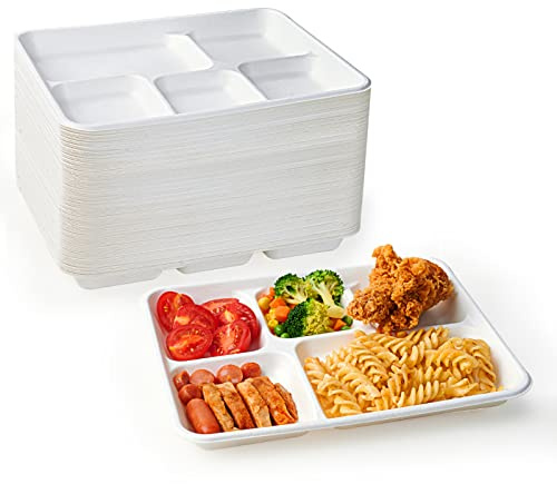 ECOLipak 100% Compostable 5 Compartment Plates, 125 Pack Disposable Paper Plates, Heavy-Duty Biodegradable Sugarcane Plates, Eco-Friendly School Lunch Trays