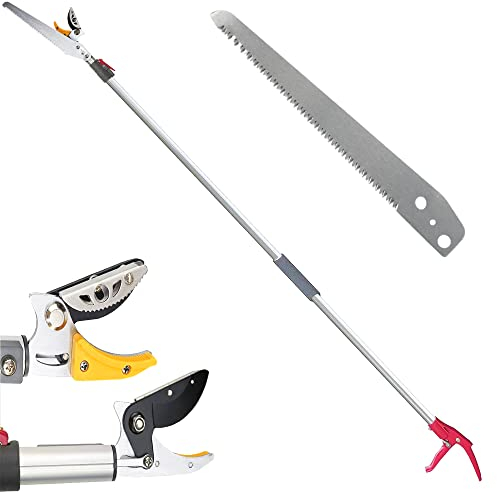 FISHTEC - Tijeras de podar de jardín telescópicas, extensible, 1,37 a 2,2 m + sierra de podado de árbol – desconectador – Tamaño y corte ramas, hoja de acero + yunque de prehensión – Mango de aluminio