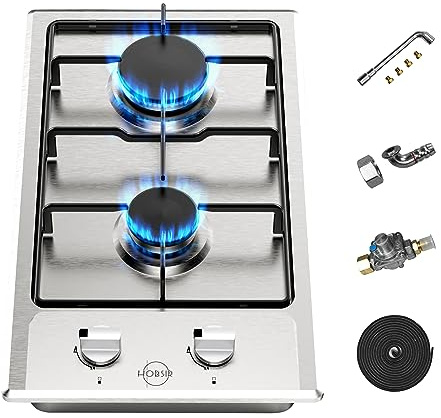 Hobsir 2 Burner Propane Gas Cooktop, 12 Inches Stainless Steel Built-in Gas Stove Top for LPG NG Dual Fuel, 2 Burner Natural Gas/Propane Cooktop with Flame-out Protection for Apartmen, Kitchen 110V