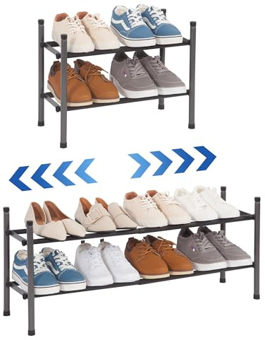 STORAGE MANIAC Expandable Shoe Rack, 8 Pairs Stackable Small Shoe Rack, Metal Adjustable Shoes Organizer for Closet, Entryway, Hallway, Garage, Front Door, Shoes Shelves, Black 2 Tier