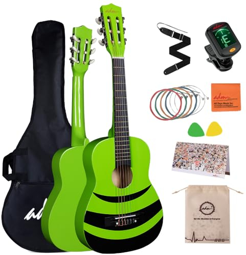 ADM 1/4 Kindergitarre Junior-Konzertgitarre für Anfänger mit Stimmgerät, Tasche, Gurt, Zusätzlichen Saiten und Plektren, grün Honigbiene