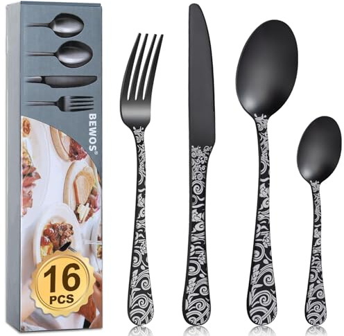 Cutlery Set, BEWOS 16 Pieces Satin Knife and Fork Set with Matt Black Floral Pattern, Stainless Steel Knife Fork Spoon Set, Silverware Set with Forks Knives and Spoons Set, Service for 4