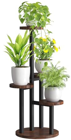 Bamworld Blumenständer Holz Pflanzenständer Pflanzenregal Indoor Blumenregal Kleines Metall Blumenständer für Terrasse, Garten, Balkon, Wohnzimmer, Schlafzimmer (4 Etagen)