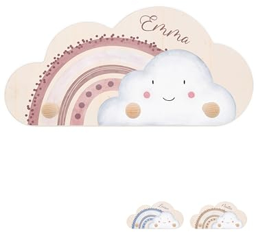 wunderwunsch® - Personalisierte Garderobe Kinder mit Spezial-Druck (inkl. 4 Haken)- Kinderzimmer Deko, Taufe Geschenk, Kindergeschenke, Geburt Geschenk (Wolke rosa)