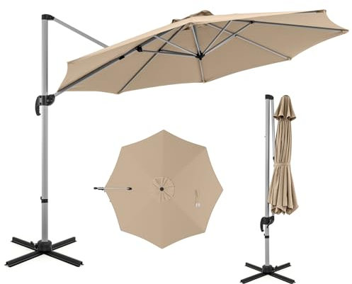 COSTWAY Parasol déporté Φ339 cm, parasol de jardin rond avec base croisée, parasol inclinable avec 5 angles et hauteurs réglables, parasol excentrique pivotant à 360°, avec manivelle et double toit