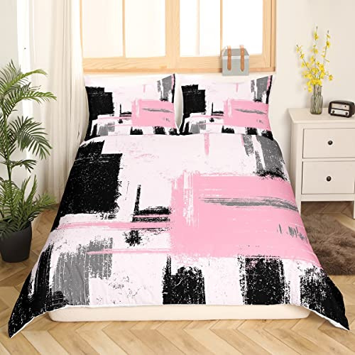 Loussiesd Modern Abstrakte Bettwäsche Set 135x200cm Rosa Schwarzes Grau Rendering Halofärbung Bettbezug Abstrakte Kunst für Jungen Mädchen Kinder Zimmer Dekor Tröster Bettwäsche Abdeckung