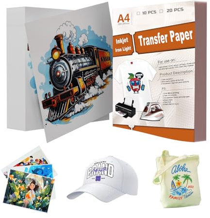 Uadme Transfer Paper, 10 Sheets A4 Premium Inkjet Iron On T Shirt Transfer Paper for White and Light Fabrics, Long-Lasting Images. Easy to Use and Cut, Basic Model