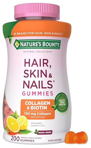 Nature's Bounty Optimal Solutions Hair, Skin and Nails Collagen Pectin Gummies, 100 mg Collagen and 2,500 mcg Biotin Per Serving, No Stick Gummy, Tropical Citrus Flavor, 200 ct, 100 Total Servings