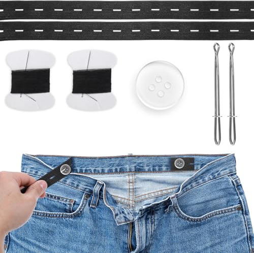 12 st byxor midjedragare, jeans midjeband dragare band lösa byxjusterare midja för kvinnor män med 24 knappar, nålar och tråd, bältesgänga, midjejusterare för lös (svart)