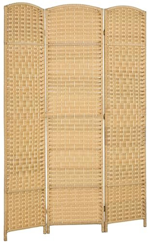HOMCOM Paravento da Interno a 3 Pannelli Pieghevole, 135x180 cm Separé Divisorio per Ambienti Interno Autoportante Intrecciato in PP e Legno di Pino per Casa, Soggiorno e Ufficio, Effetto Naturale
