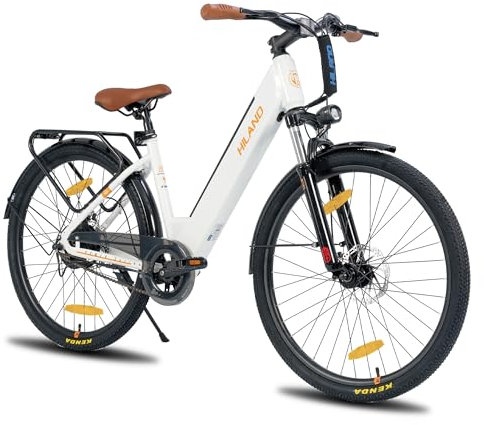 Hiland 26 Zoll Elektrofahrrad für Männer Frauen, 7.8Ah 36V Batterie Elektro Pendlerfahrrad für Erwachsene, Schritt durch Rahmen Elektrofahrrad mit 250W Motor & Vorderradfederung, Weiß