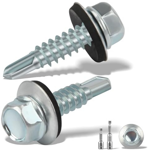 sturiz 200 st. plåtskruvar självgängande skruvar 4,8 x 19 mm trapetsplåtskruvar dispenserskruvar med tätningsskiva 2 st. sexkantsbits hylsnyckelsats M8 galvaniserade borrskruvar (silver)