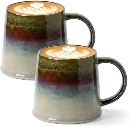 Kaffekopp stor, 2 stycken keramiska kaffemuggar 450 ml lergods tekopp med handtag, stor cappuccinokopp för kaffe mjölk te, kontor &hem, mikrovågsugnar och diskmaskinssäker (bläckgrön)