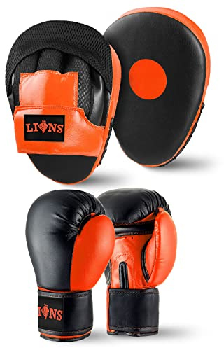 Lions Star Boxing Gloves and Pads Set For Men Women, Pair of Boxing Gloves with Hook and Jabs Mitts Focus Pads, Punching Sets Ideal for Punch Bag MMA Martial Arts (INJECTION - ORANGE, 10oz)