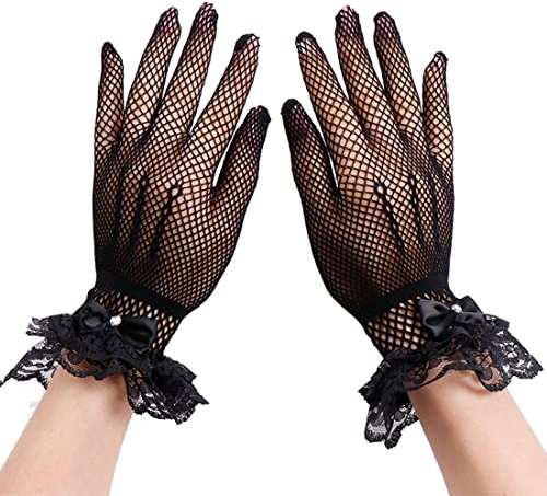 Netzhandschuhe schwarz - Halloween Kurze Lace Gloves Damen Fishnet Gloves Spitzenhandschuhe Blumenspitzen Handschuhe Schwarz Sonnenschutz Handschuhe Damen Hochzeits Dinner Party 1980er Partykleidung