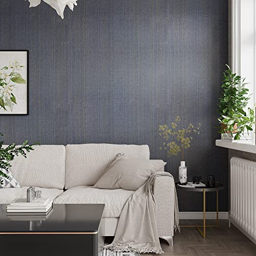 VEELIKE Navy Gold Grasscloth Wallpaper Self Adhesive Blue Contact Paper for Bedroom Sticky Back Plastic Roll Vinyl Wrap for Furniture Sticker Thick Lining Paper for Walls Bedroom Livingroom 40cm×300cm