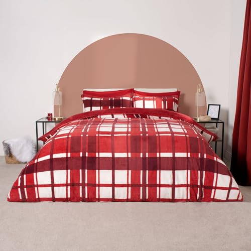 OHS Christmas Double Bed Duvet Cover Red Check, Teddy Fleece Duvet Covers for Double Bed Christmas Bedding with Pillowcases Tartan Duvet Sets