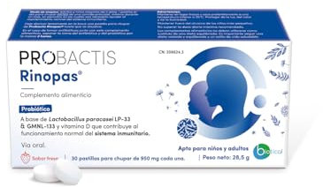 Probiótico Probactis Rinopas® - Ayuda a la Respuesta Inmunitaria en Épocas de Alergia - 30 Pastillas para Chupar - Complemento Probiótico con Vitamina D, Sin lactosa y sin huevo - Sabor Fresa
