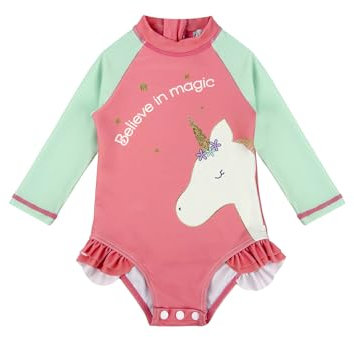 weVSwe Baby Badeanzug Mädchen UV Schutz Kleidung Einteiliger Baby Langarm Rüschen Schwimmanzug SPF 50+ Sonnenschutz Rosa Grünes Einhorn Neugeborenes 6-12 Monate