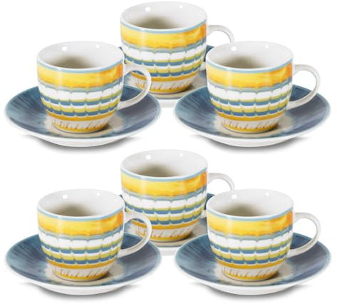 ARCA, Set 6 Tazzine da Caffè Apulia con Piattino, Realizzate in Porcellana Decorata, Capacità 90 ml, 11x6 cm, Blu