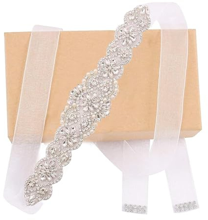 WEZTEZ Cinturón de cristal hecho a mano con diamantes de imitación y perlas para vestido de novia, vestido de dama de honor, talla grande, Organza blanca., Talla única