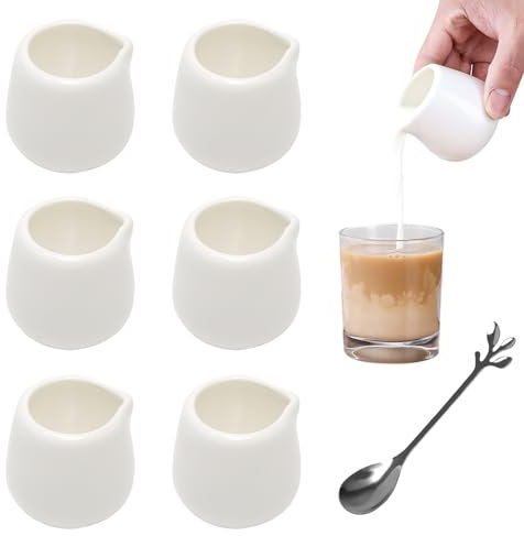 Lot de 6 Mini Pot à Lait en Porcelaine Blanc 50 ml, Pichet Céramique Lait, Petits Pots à Sauce Blancs avec Cuillère pour Lait, Café, Sauce, Crème, Pichet et Serveur de Sirop