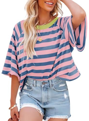 Chicrise Tshirt Damen Oversize Kurzarm Gestreiftes Modern Oberteile Rundhals Lässige Leicht Outfit Rose Blau Mittel 38-40