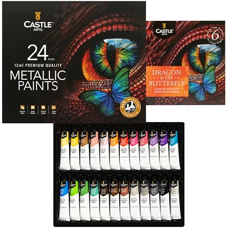 Castle Art Supplies Set med metalliska akrylfärger | Ny förbättrad formel | 24 x 12 ml rör för vuxna konstnärer, nybörjare och hantverkare för att lägga till skimrande kvalitet (ny förbättrad formel)
