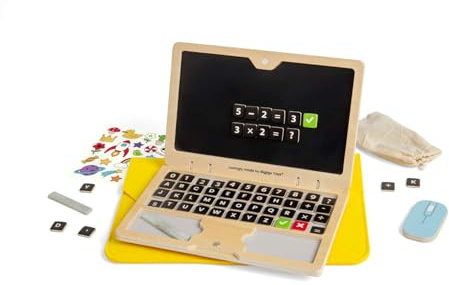 Bigjigs Toys Tech Set - 95pcs Wooden Laptop Toy With Blackboard Screen, Pretend Play Sets & Accessories For Toddlers & Children, Preschool Early Learning Activity, Children’s Gifts, Age 3 Years +