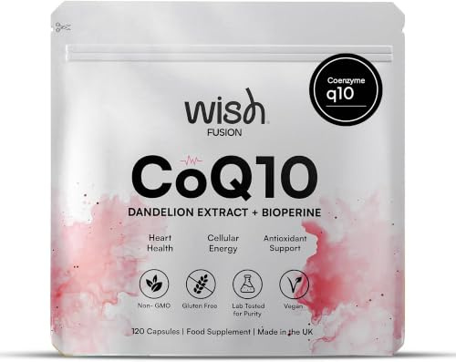 Wish Fusion CoQ10 Supplement - Coenzyme Q10 for Heart Health & Antioxidants Supplements with Dandelion Extract & BioPerine, Vegan Co Q10 Capsules, 120 Count