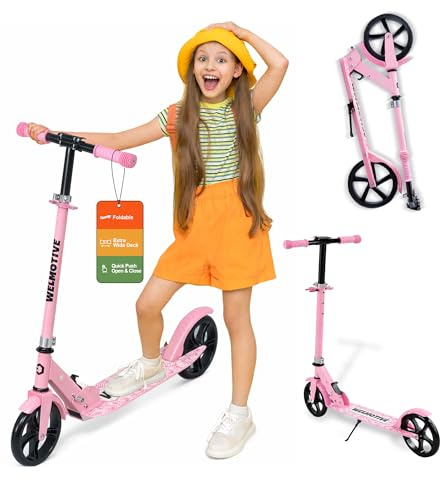 Kick Scooter for Kids Ages 6+, Teens & Adults, Adjustable Handlebars, Rear Brake, Big Wheel Foldable Scooter for Indoor & Outdoor (Pink)