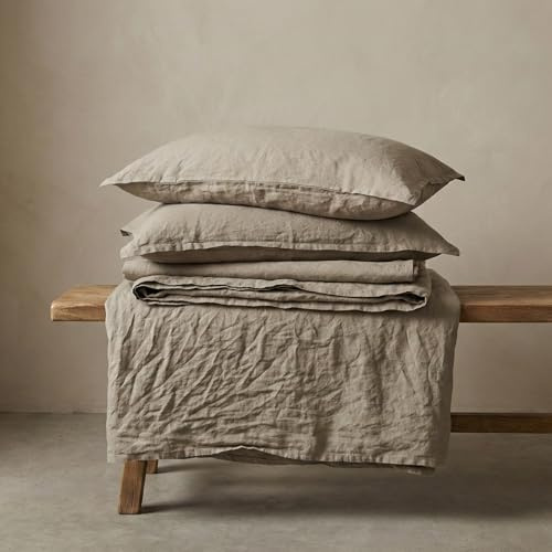The Tangerine Store Pure Linen Luxe Set di Lenzuola - Lenzuola da letto in lino naturale al 100%, traspiranti, ipoallergeniche, prelavate per morbidezza - Beige naturale, Queen (Standard U.S.)