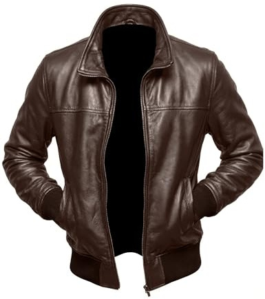 Vintage Waxed Real Lambskin Leather Bomber Jacket for Men | Hand-finished vintage, ribbed knit cuffs and hem, shirt collar, full front zip. 3 interior pockets including a mobile pocket