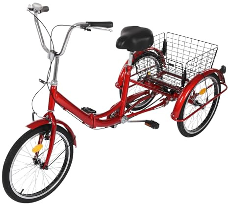 Eieblek 20 Inch Adult Folding Tricycle, Single-speed 3-Wheel Bike Adult Trike Bike with Basket, Cruise Trike, Height Adjustable, for Seniors and Adults Shopping Picnic