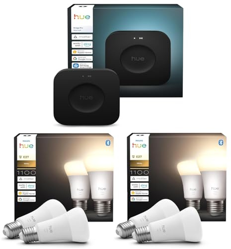 Philips Hue-Bundle – 2 x Twin-Packs Weiß 1100 A60 E27 Smart-Glühbirnen (4 Glühbirnen) + Hue Bridge Pro Smart Hub | Kabellose Smart-Beleuchtung, Sprachsteuerung, funktioniert mit Alexa & Google Home