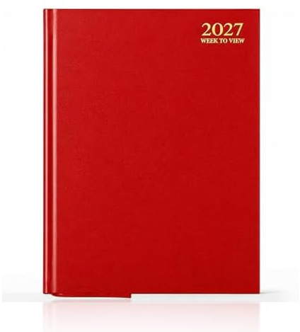 AIBULO 2026 A5 veckodagbok – röd inbunden veckoplanerare med helgdagar i Storbritannien, anteckningar, kontakter och internationell information – kompakt A5 veckoplanerare för studenter, lärare och