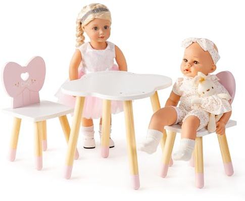 ROBOTIME 18 Inch Doll Table and Chairs Set, Wooden Doll Furniture Dining Table with 2 Chairs, Pink Doll Furniture Set for Pretend Play, Doll Furniture for 18 Inch Dolls