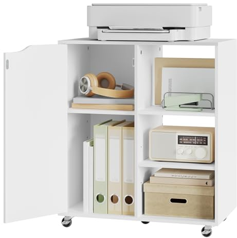 WOLTU Caisson sur Roulettes, Support Imprimante avec 3 Compartiments Ouverts, 1 Porte et Étagères Réglables, pour la Maison et le Bureau, 60x35x70 cm, en Bois d'Ingénierie, Blanc