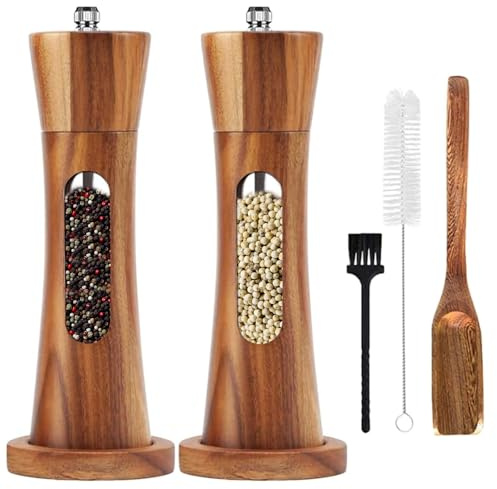 Molinillo de Pimienta y Sal de Madera, Juego de 2 con Base, Molinillo de Especias Manual de Cerámica Ajustable, con Ventana Visual