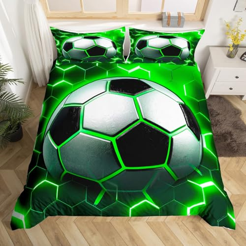 Homewish Football Duvet Cover Single, Green Honeycomb Bedding | Cool Neon Soccer Themed Quilt Cover 2 Piece, Geometric Green Bed Sets, Black Reverse Microfibre