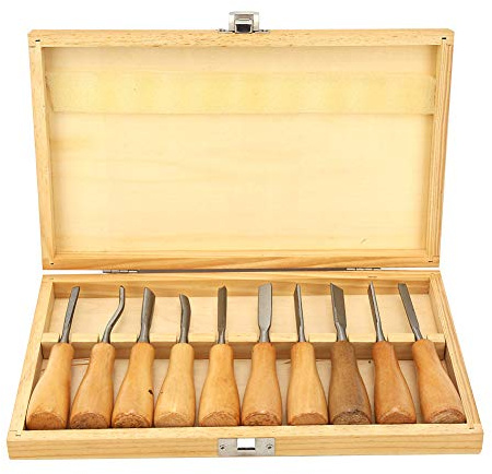 Juego de cuchillos y cinceles para tallar carpintería con mangos de madera - 10 piezas - Herramientas de grabado de alta dureza para aplicaciones manuales - Kit de grabado para