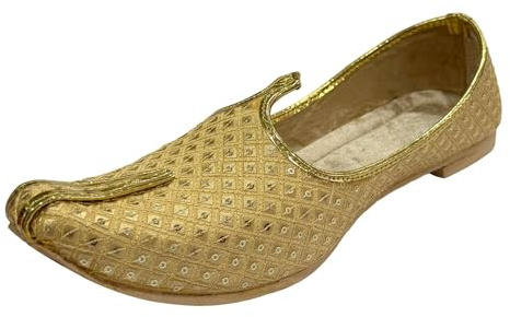 Men’s Gold Punjabi Jutti Embroidered Ethnic Slip-On Wedding Party Shoes Handmade Mojari