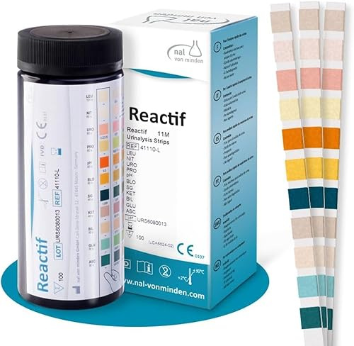 Reactif Strisce Urine 11 Parametri - Test Urine per Controllo dei Valori Urinari con pH, Glucosio, Chetoni, Nitriti e Leucociti - 100 Strisce