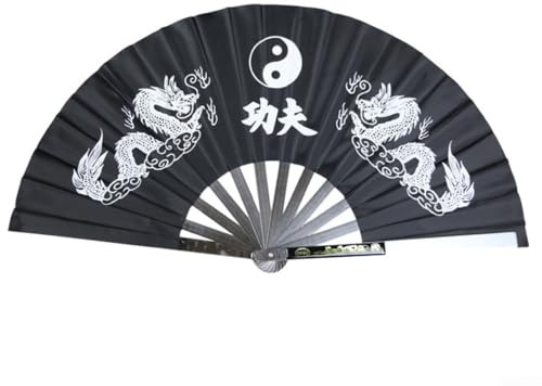 Éventail de Kung Fu en acier inoxydable – pour entraînement d'arts martiaux chinois – Éventail traditionnel de combat Wushu avec ruban de soie – Outil d'autodéfense durable – Noir et bleu
