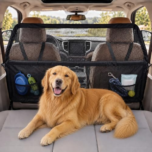 BTSAE Hundgaller bil baksäte och bagageutrymme, 142 x 81 cm universellt skiljegaller bagageutrymme hund med tuggsäkert nät och metallram, bagageutrymme skiljegaller för SUV:ar, sedan och lastbilar