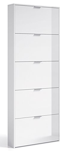 PEGANE Commode à Chaussures en Bois de 5 abattants Coloris Blanc Brillant - Dim : 180 x 70 x 17 cm