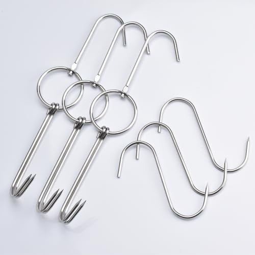 Alele 3pcs Stainless Steel Double Hooks + 3pcs S-Hooks for Bacon Hams Meat Processing Butcher Poultry Hook Hanging Drying BBQ Grill Cooking (Barbecue Hook 6p)