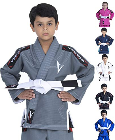 Vector Kids Brazilian Jiu Jitsu BJJ Gi 100% Cotton Pearl Weave Kimono Ultra Lightweight Preshrunk Fabric (Grey, K4)